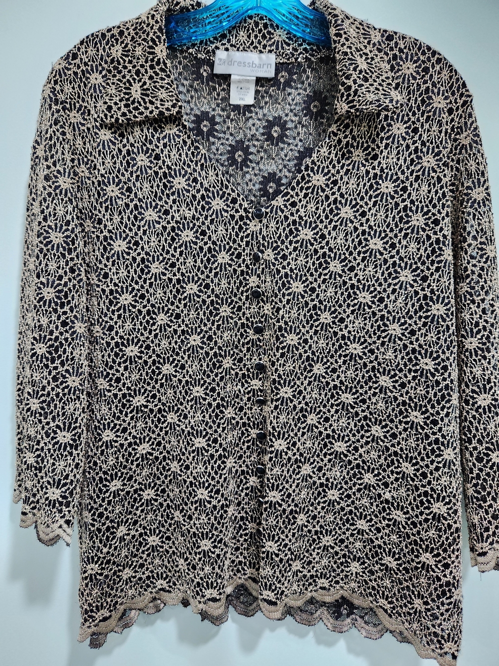 dressbarn Black and Cream Crochet Button-Up Blouse